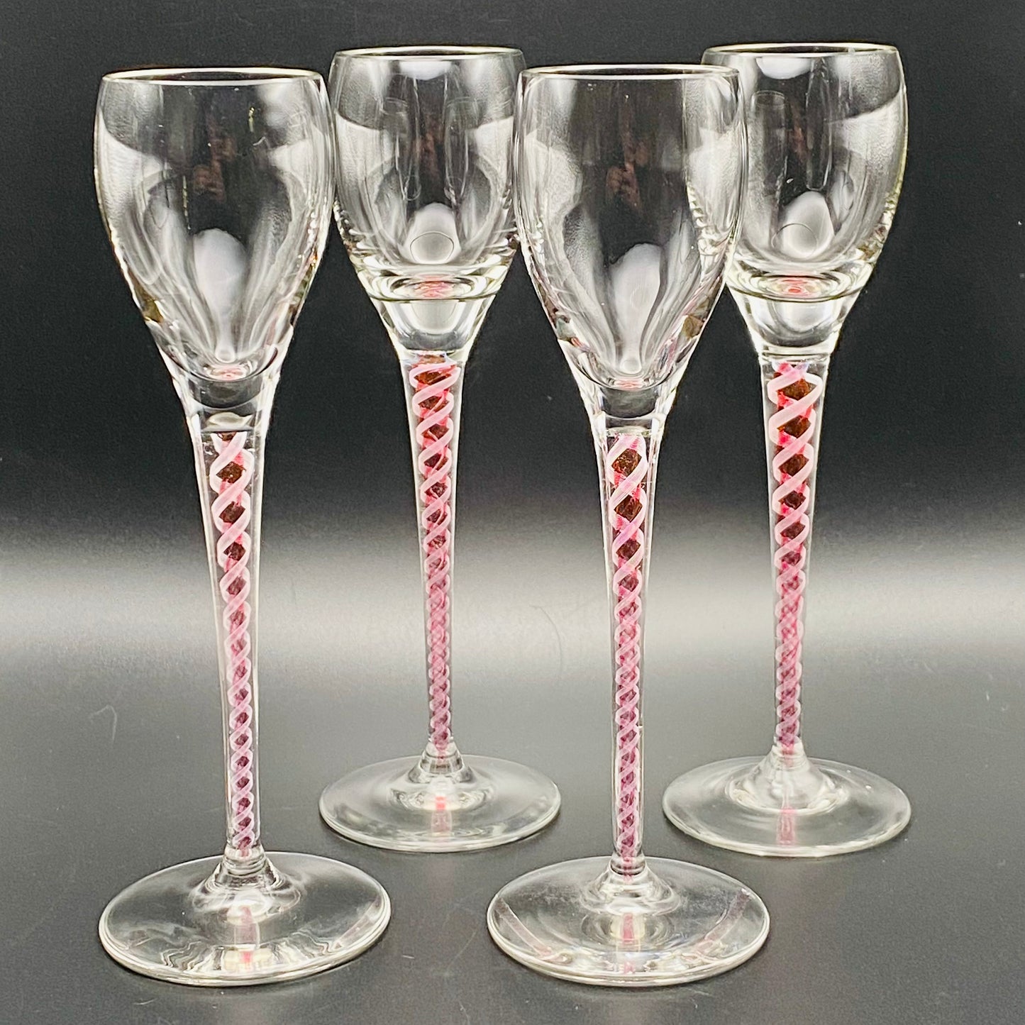 4 x Antique Josephinehutte Liqueur Glasses Bohemian Engraved Red & White Air Twist