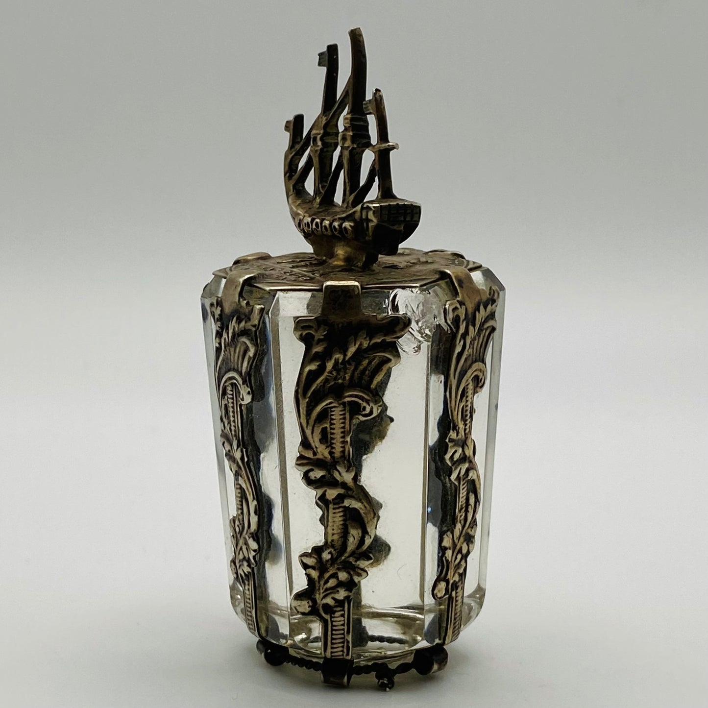 19thc Antique Dutch Silver Ship & Friendship Coin & Glass Bottle Stopper