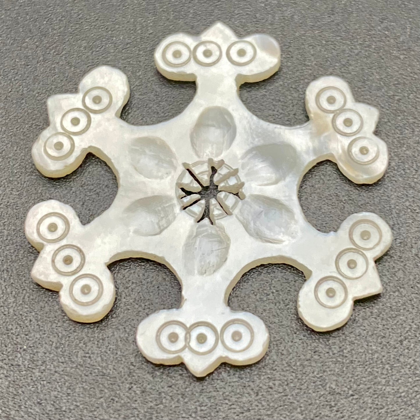 3 Antique 19thc Hand Carved Mother of Pearl Thread Winders / Game Counters