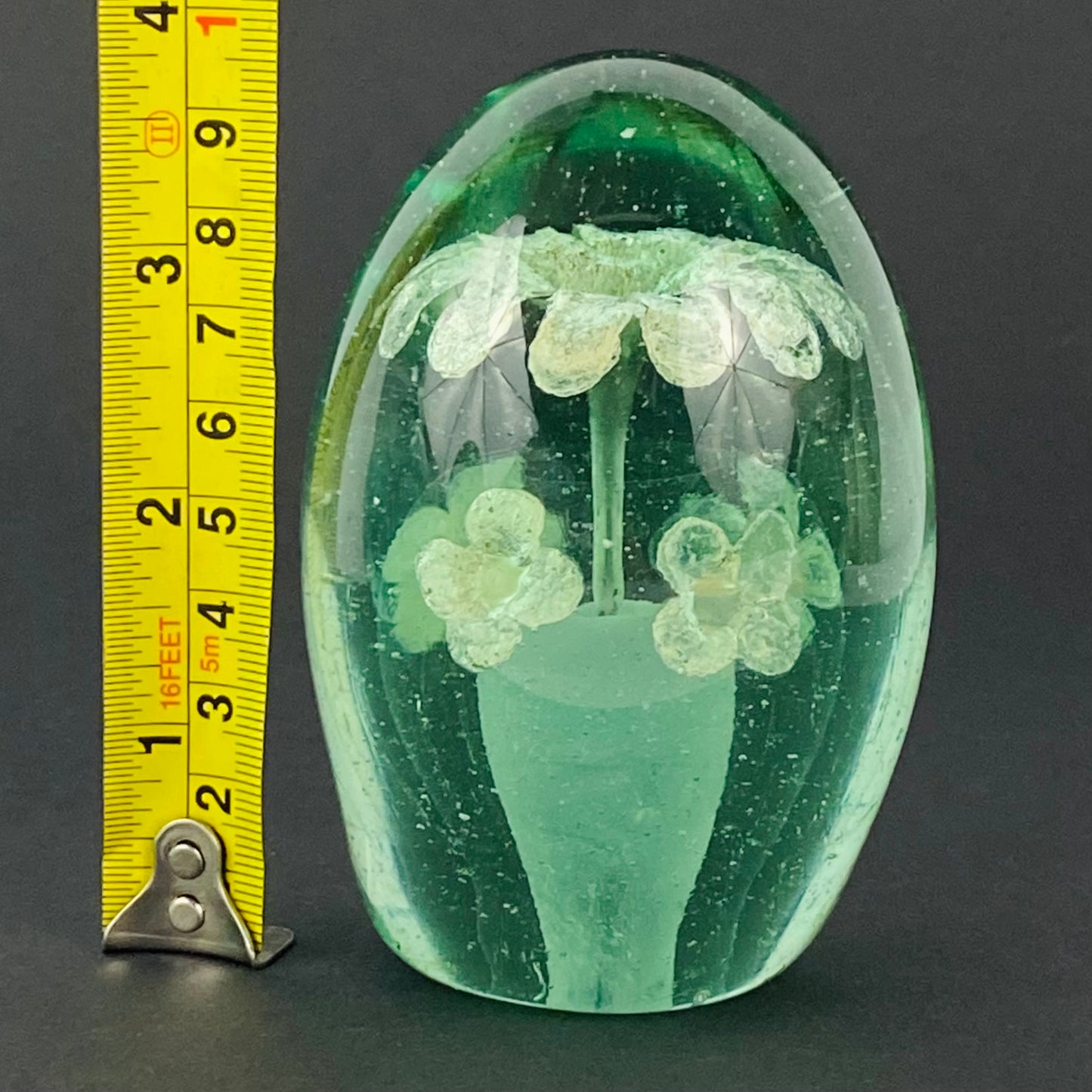 19thc Antique Victorian Dump Glass Paperweight Foil Flower Pot & Flowers