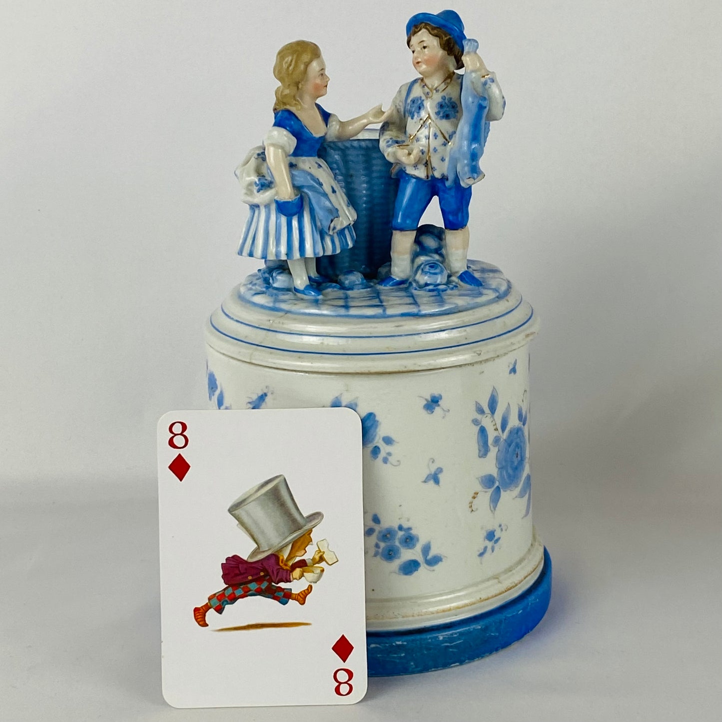 18thC Antique Continental Figural Tobacco Jar with Match Holder/Striker