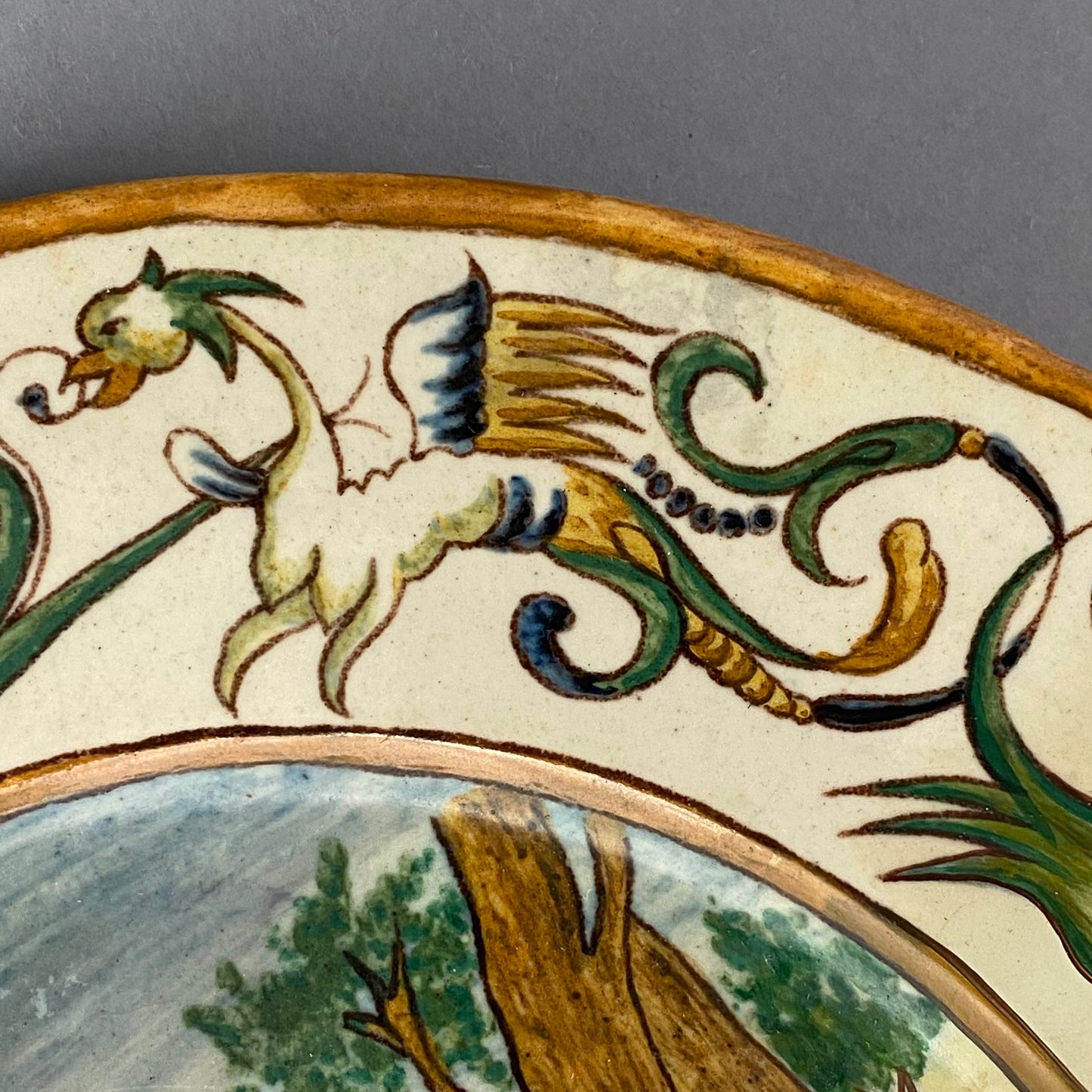 Rare Antique Raffaelesco Dragon Deruta Pottery Italian Maiolica Plate 17thc Design
