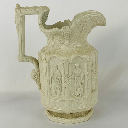 Antique c1842 Charles Meigh Gothic Apostle Jug, Moulded Stoneware Pitcher 23cm