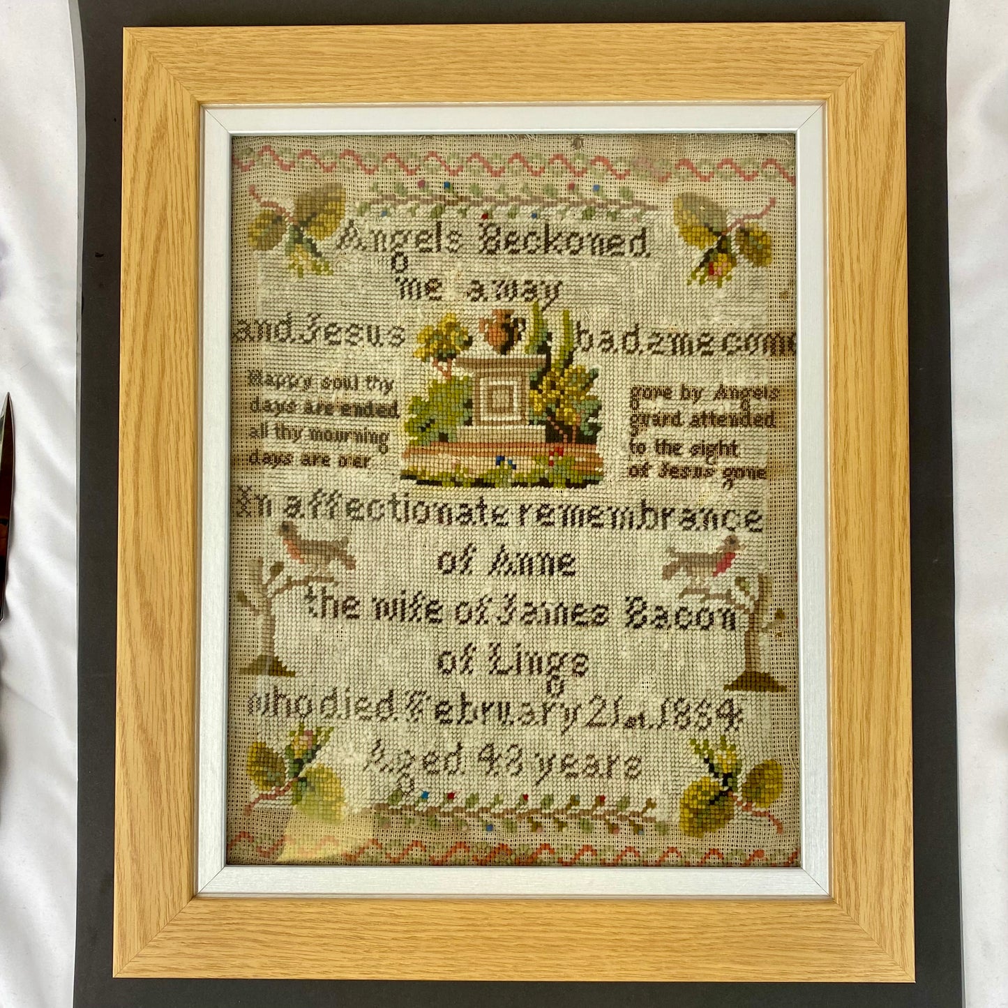 Antique Remembrance Needlework Sympathy Sampler 1854 Anne Bacon wife of James