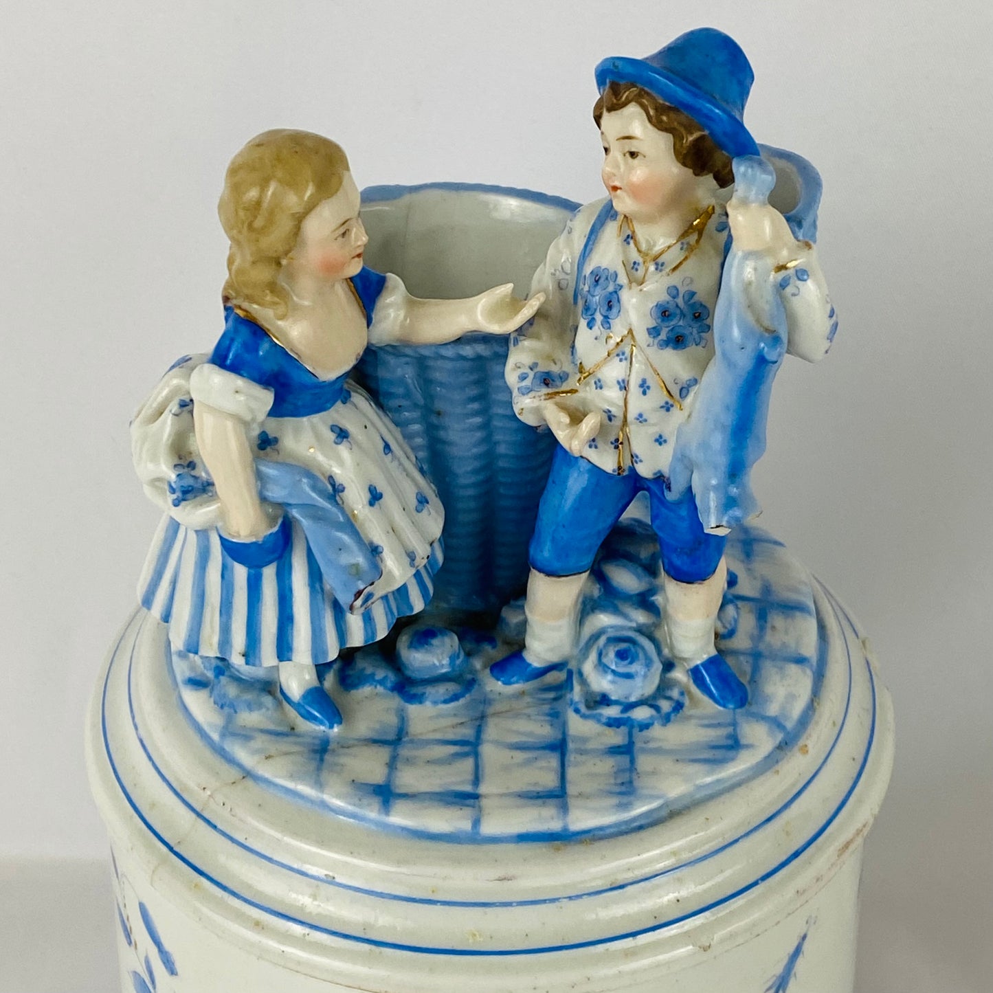 18thC Antique Continental Figural Tobacco Jar with Match Holder/Striker