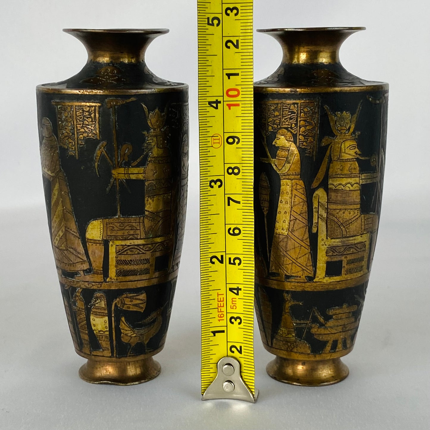 Japanese Pair of Antique Metal Baluster Vase Zougan Egyptian Scenes