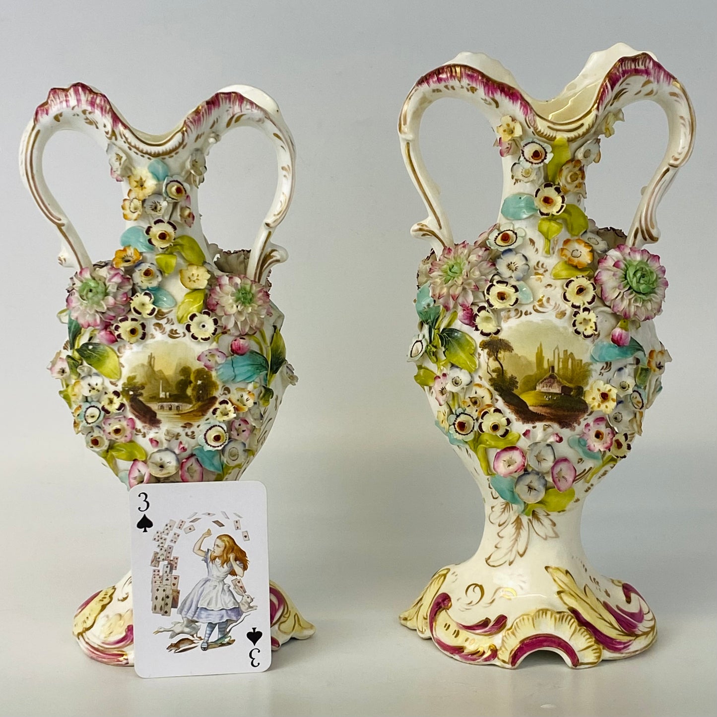 Antique Pair c1840 Vases Coalbrookedale Coalport Floral Encrusted Porcelain VGC