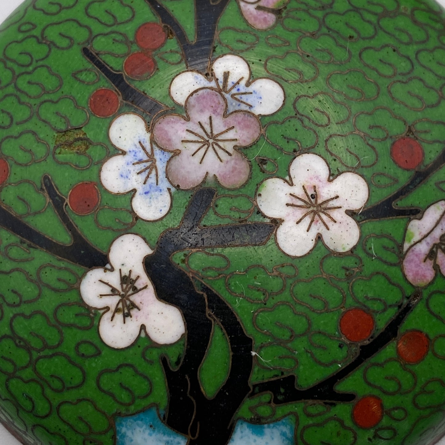 Vintage Chinese Cloisonne Copper Metal & Enamel Trinket Pot Cherry Blossom Pattern