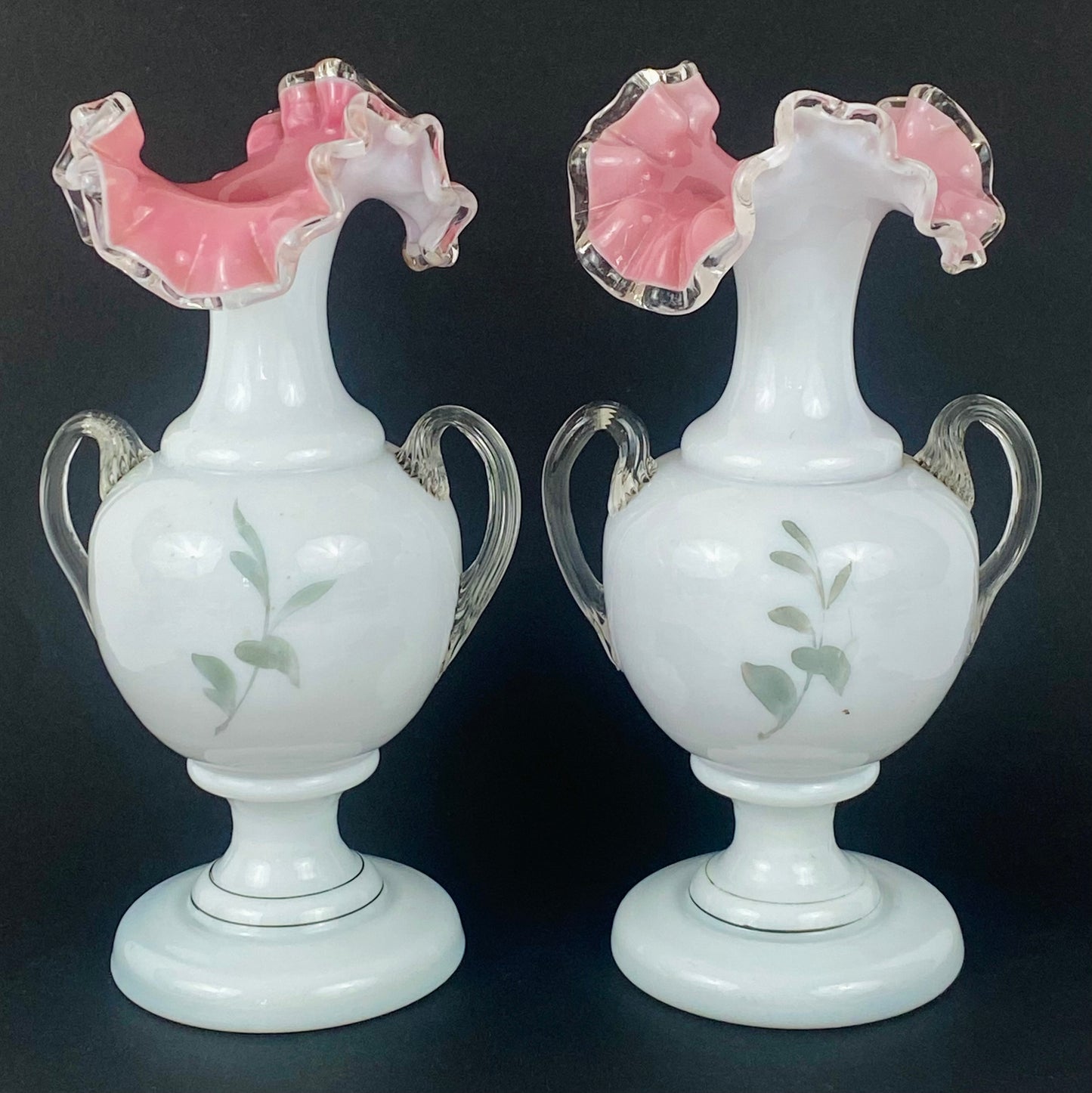 Rare Pair Fenton Vases Vtg c1940s Silver Crest Ruffle Milk Glass Pink & White