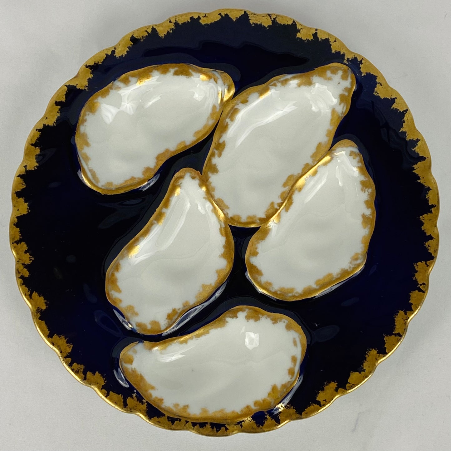 6 Antique Porcelain Limoges Cobalt Blue & Gold Oyster Plates