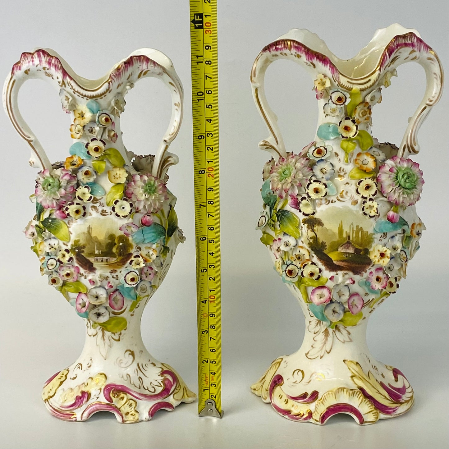 Antique Pair c1840 Vases Coalbrookedale Coalport Floral Encrusted Porcelain VGC