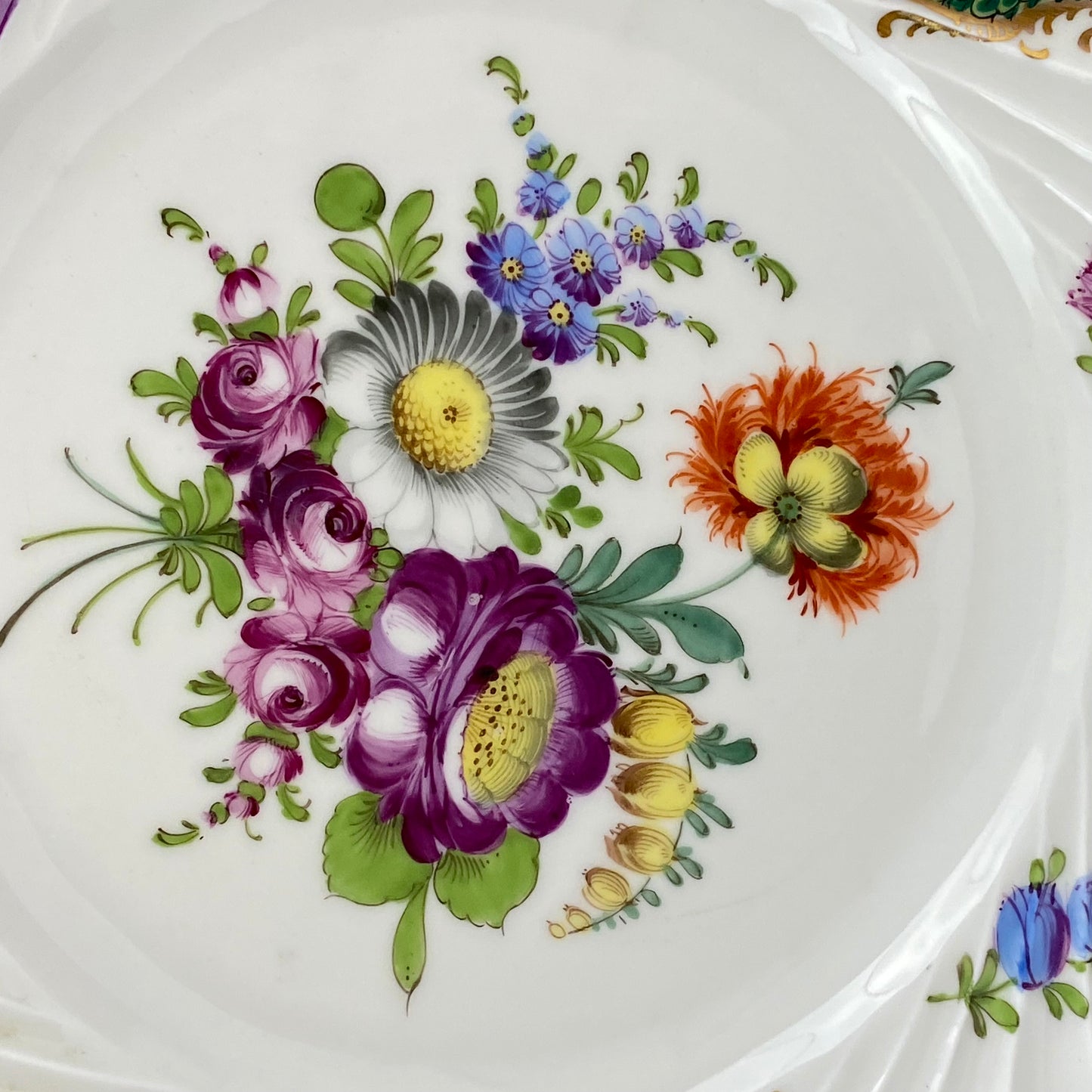 Antique Dresden Porcelain Plate Pair Floral Gold Gilt Rococo Revival Shell Rim