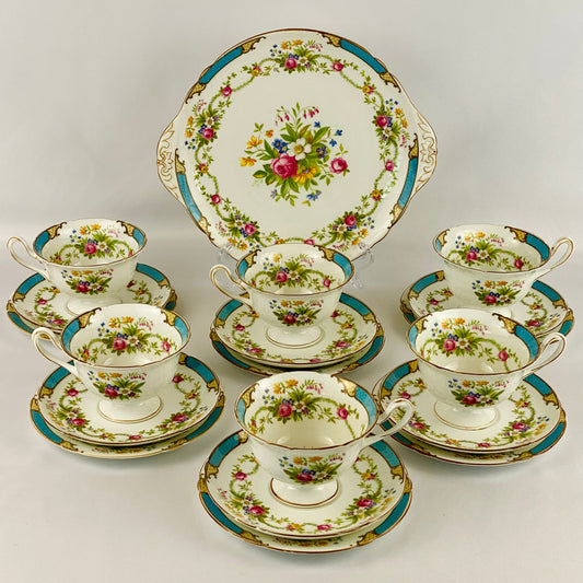 c1945+ Vintage Shelley 6 Person Teaset Dubarry Turqouise Porcelain Cups & Saucers Trios