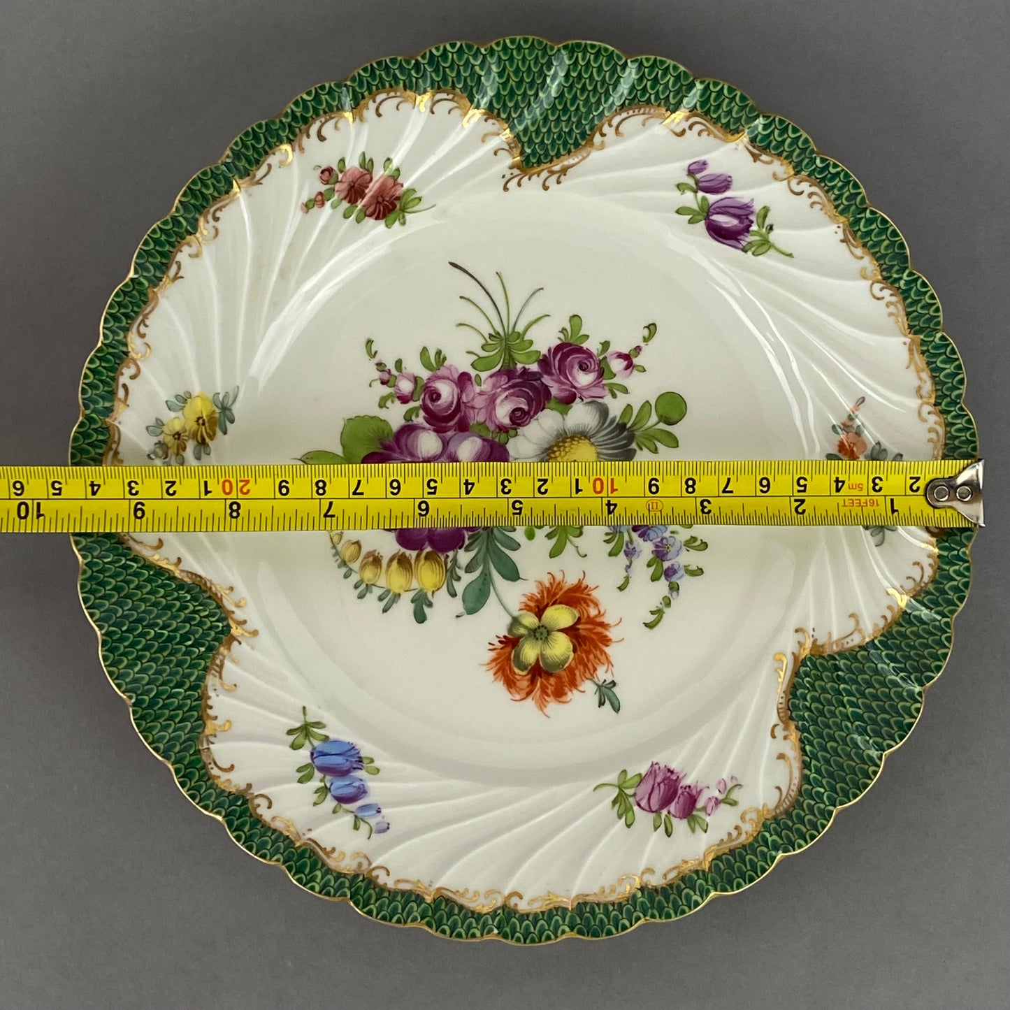 Antique Dresden Porcelain Plate Pair Floral Gold Gilt Rococo Revival Shell Rim