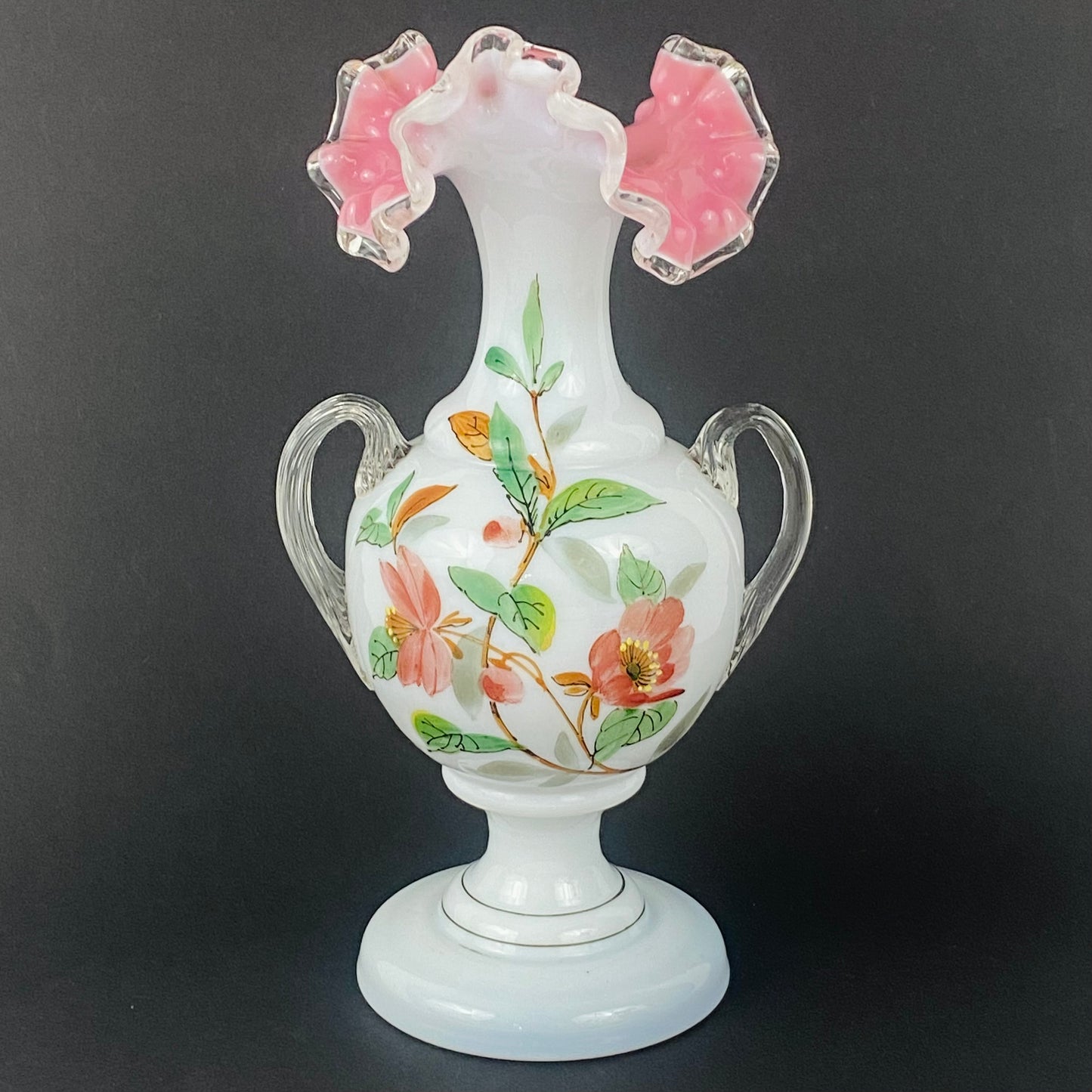 Rare Pair Fenton Vases Vtg c1940s Silver Crest Ruffle Milk Glass Pink & White