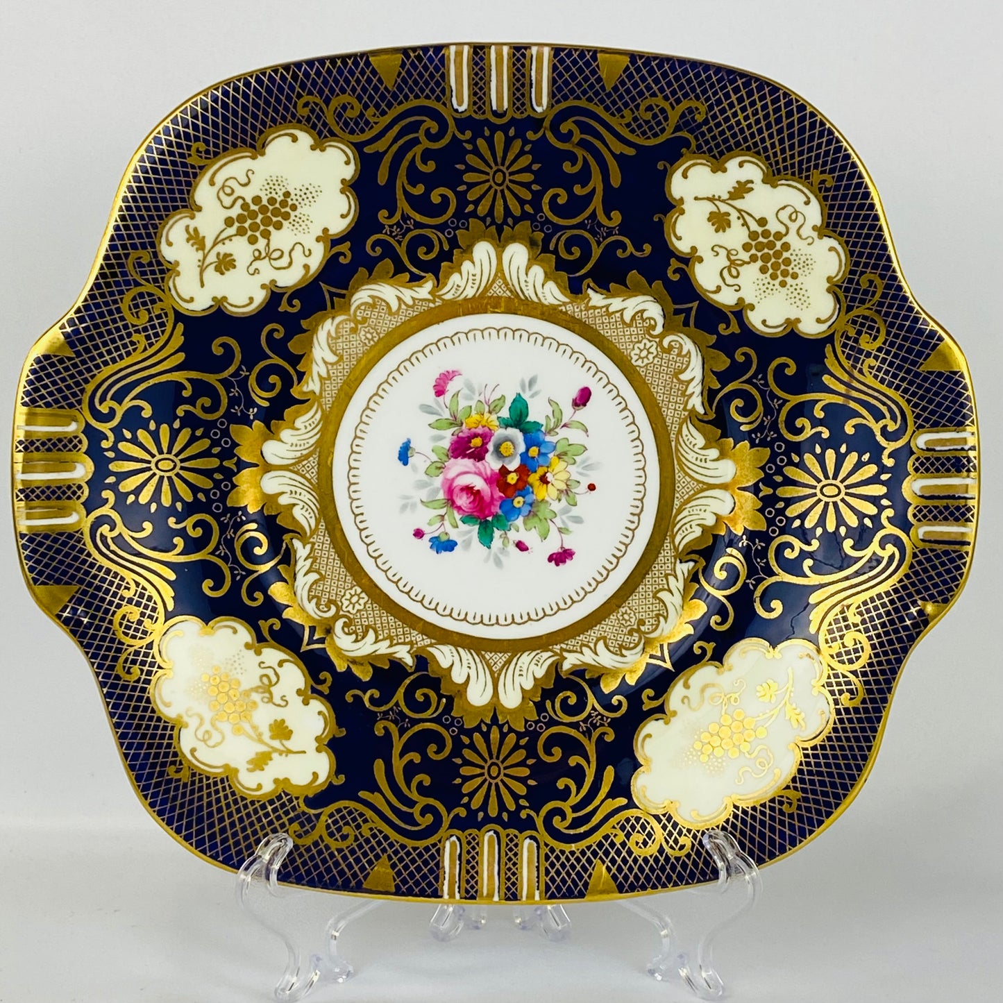 c1930 Crown Staffordshire Cup Saucer Trio & Cake Plate A13727 Cobalt Blue Pink Rose Gold Gilt