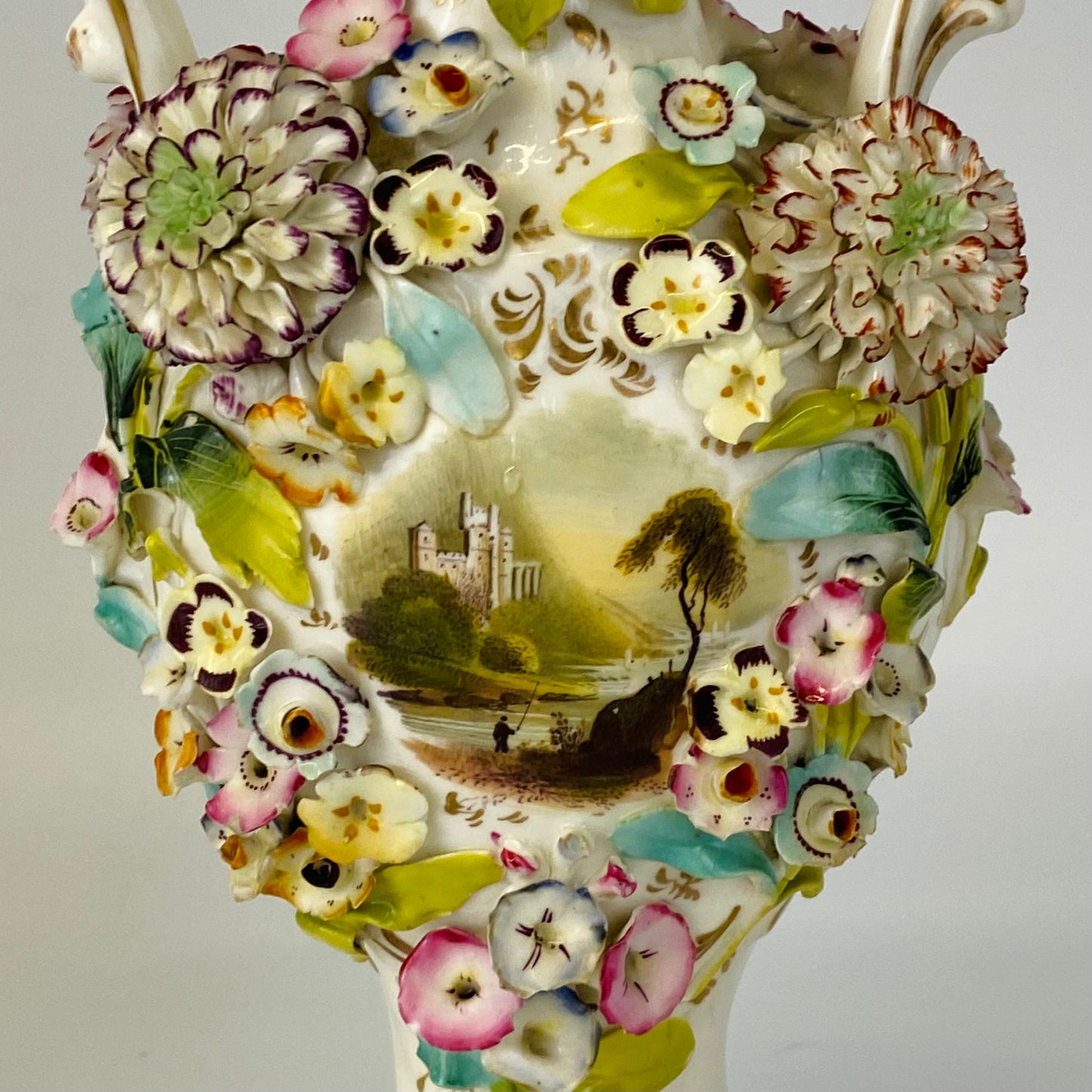 Antique Pair c1840 Vases Coalbrookedale Coalport Floral Encrusted Porcelain VGC