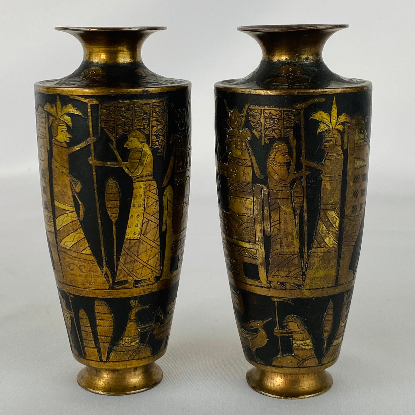 Japanese Pair of Antique Metal Baluster Vase Zougan Egyptian Scenes