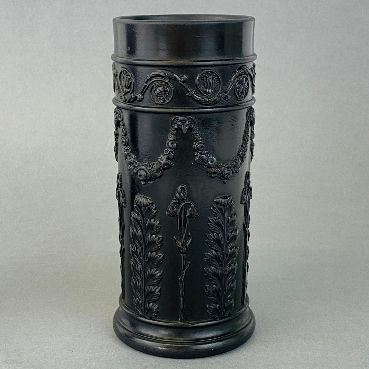 Wedgwood Black Basalt Antique Pair Pillar Spill Vases c1902 English Stoneware