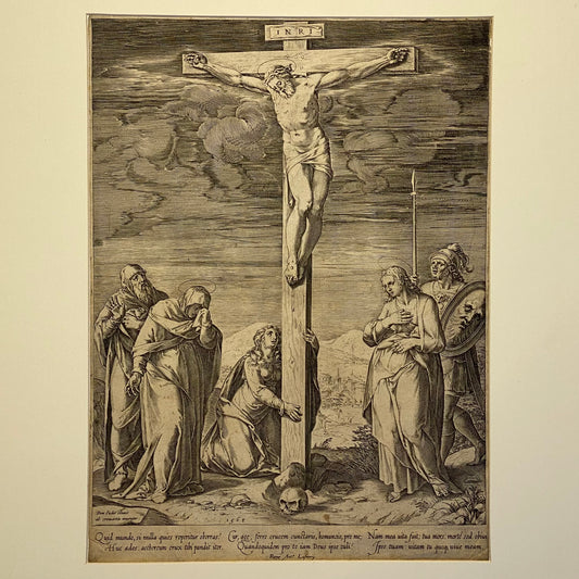 Antique Renaissance Crucifixion Engraving c.1568 by Clovio, Cort, Lafreri Print