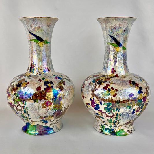 Antique c1923+ Pair of Wilton Ware A. J Harley Jones Chinoiserie Lustre Vases 10" Porcelain