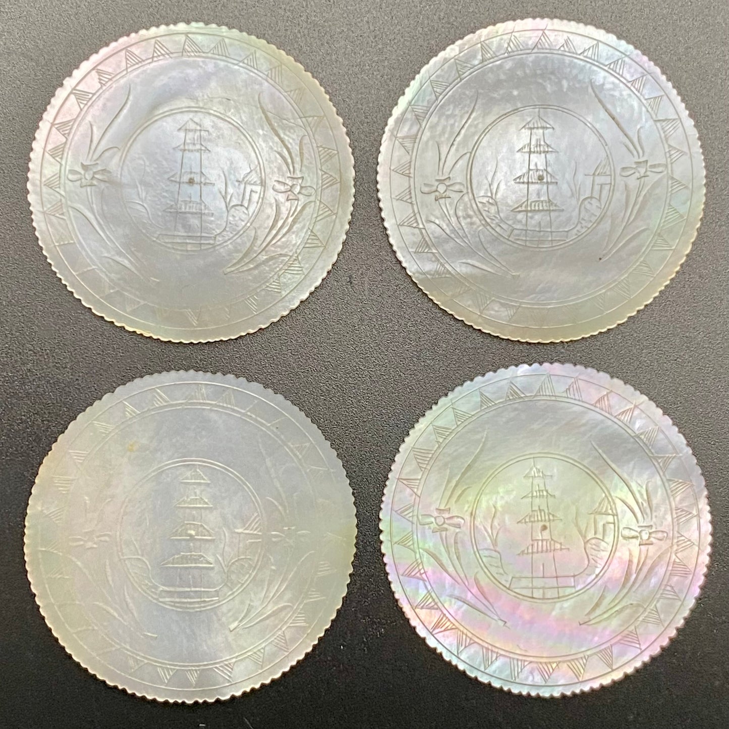 8 Antique 19thc Chinese Pagoda Hand Carved Mother of Pearl Gaming Counter Tokens