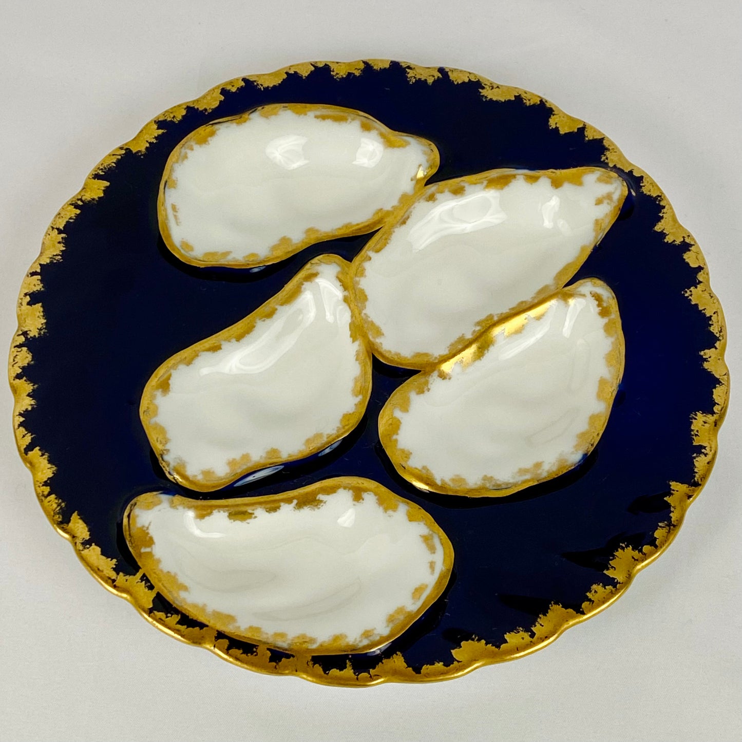 6 Antique Porcelain Limoges Cobalt Blue & Gold Oyster Plates