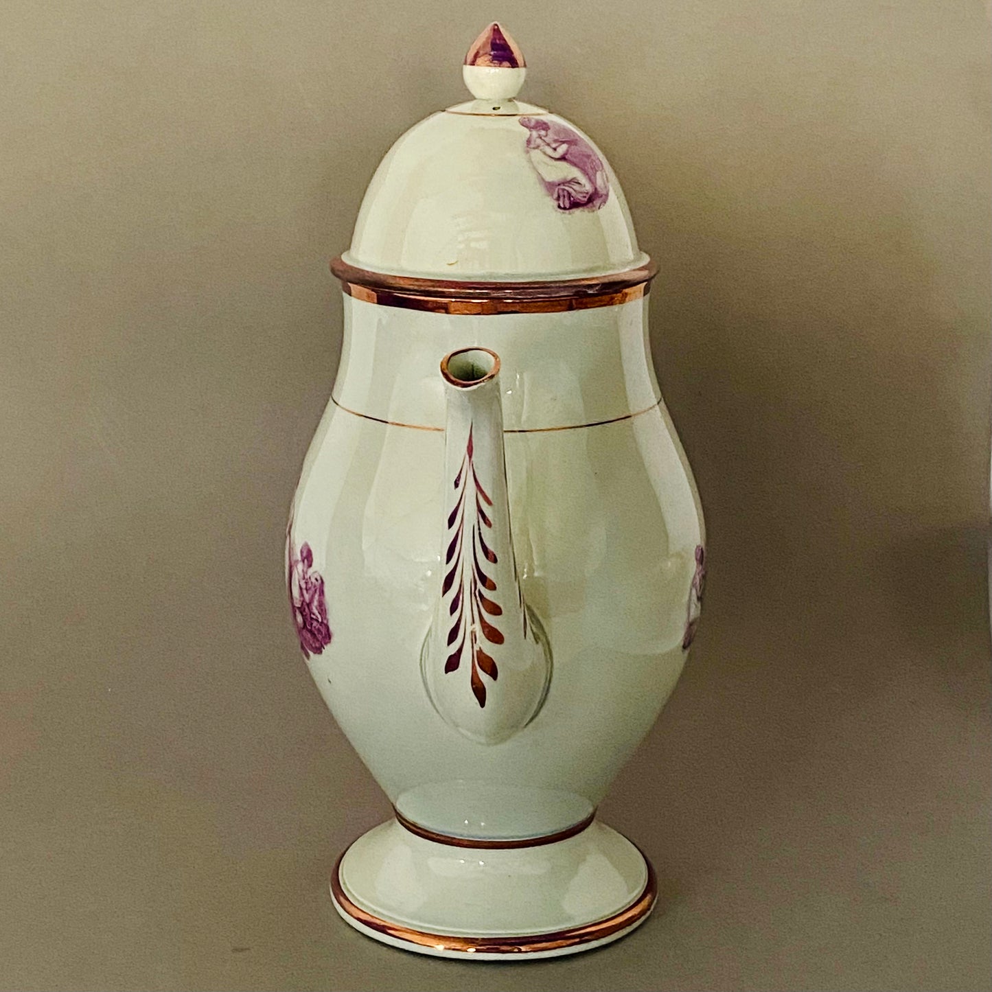 Antique Leeds Pearlware Pink Lustre Coffee Pot with Puce Transfer 18thc English