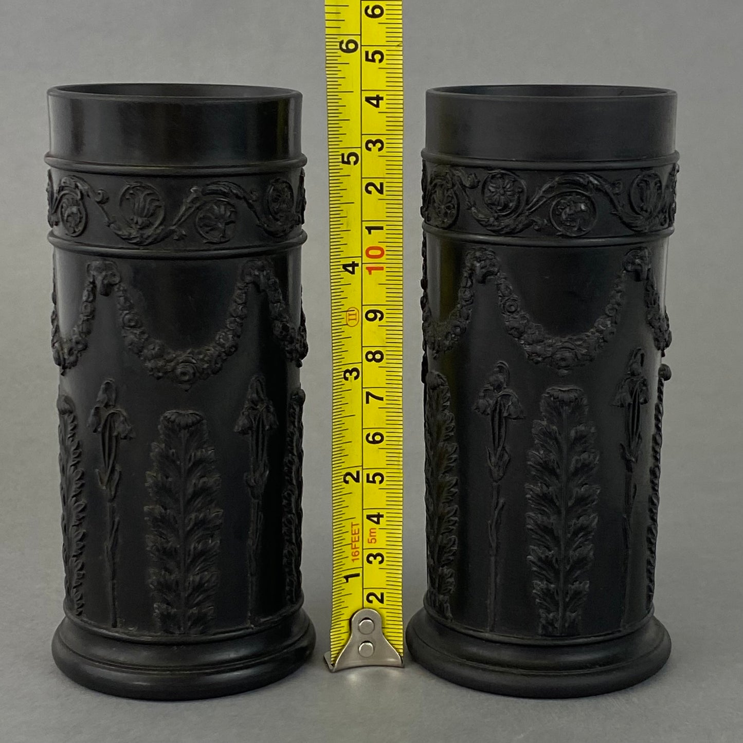 Wedgwood Black Basalt Antique Pair Pillar Spill Vases c1902 English Stoneware