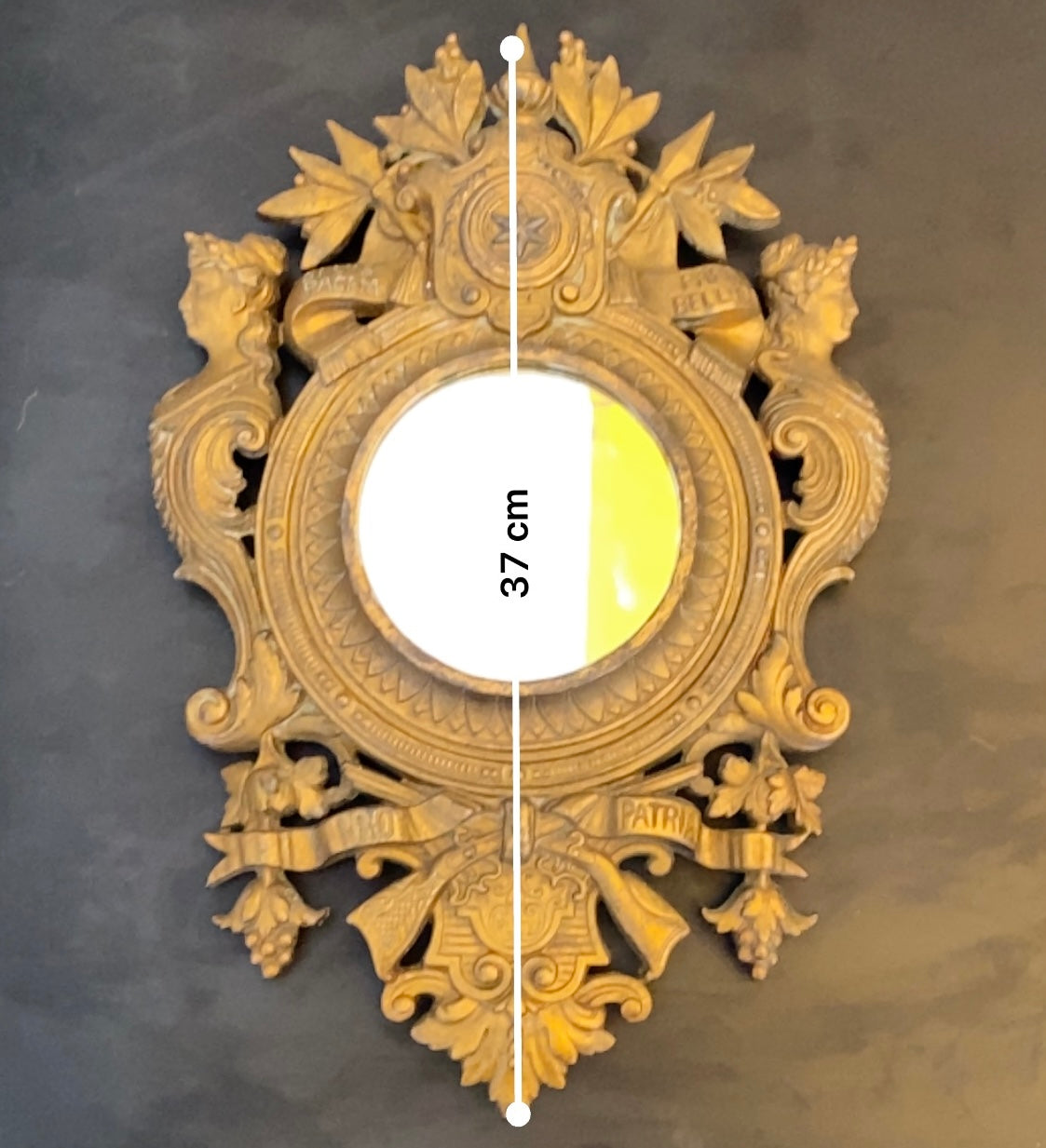Antique French Patriotic Military Mirror Latin Motto ~ Peace & War Prepare c1870