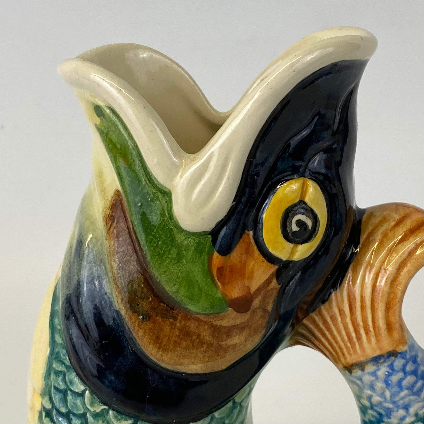 1950s Dartmouth Devon Pottery Vintage Fish Gluggle Jug Rare Multicoloured Pottery