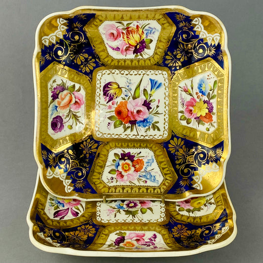 Antique Pair of Floral Dessert Dish by Hicks & Meigh c1820 Square #699 Gilt