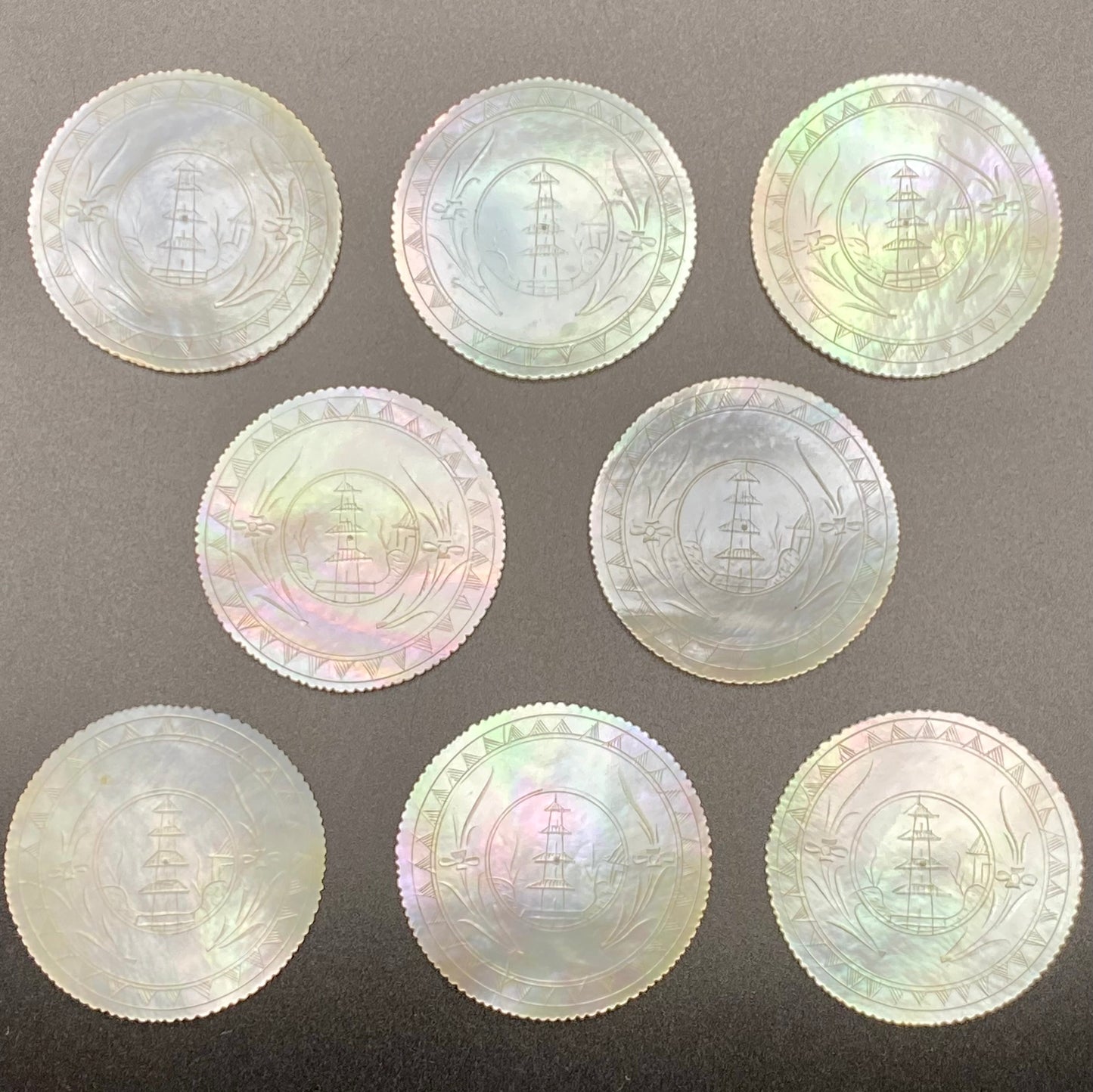 8 Antique 19thc Chinese Pagoda Hand Carved Mother of Pearl Gaming Counter Tokens