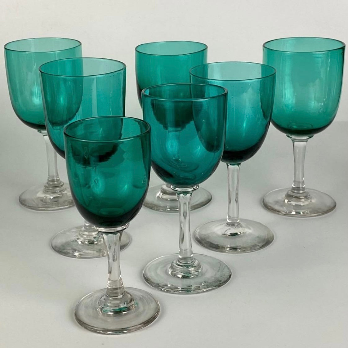 7 x Antique c1870+ Bristol Emerald Green Small Wine / Sherry Glasses Clear Stem