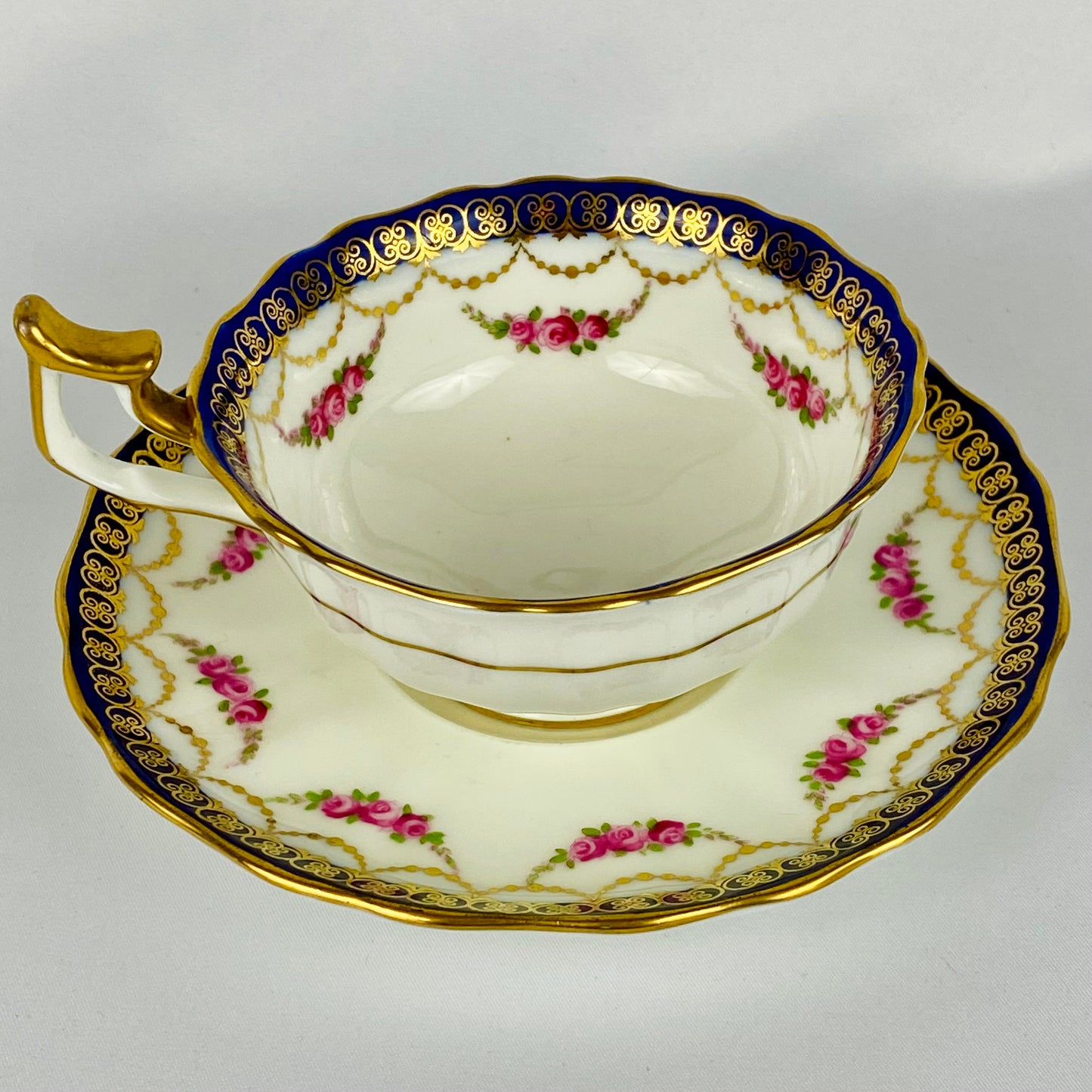 Antique Cauldon Tea Cup & Saucer Gold Gilt c1904 English Porcelain Rose Garland