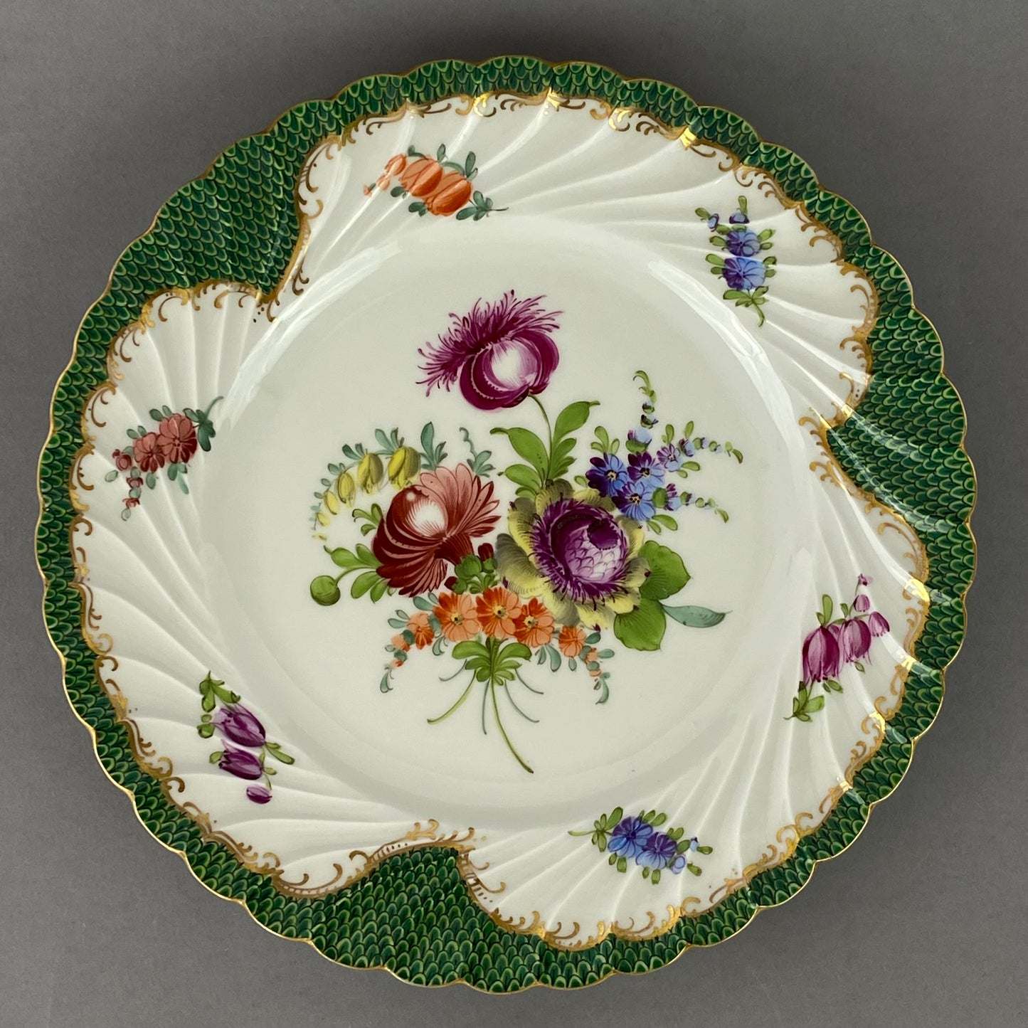 Antique Dresden Porcelain Plate Pair Floral Gold Gilt Rococo Revival Shell Rim