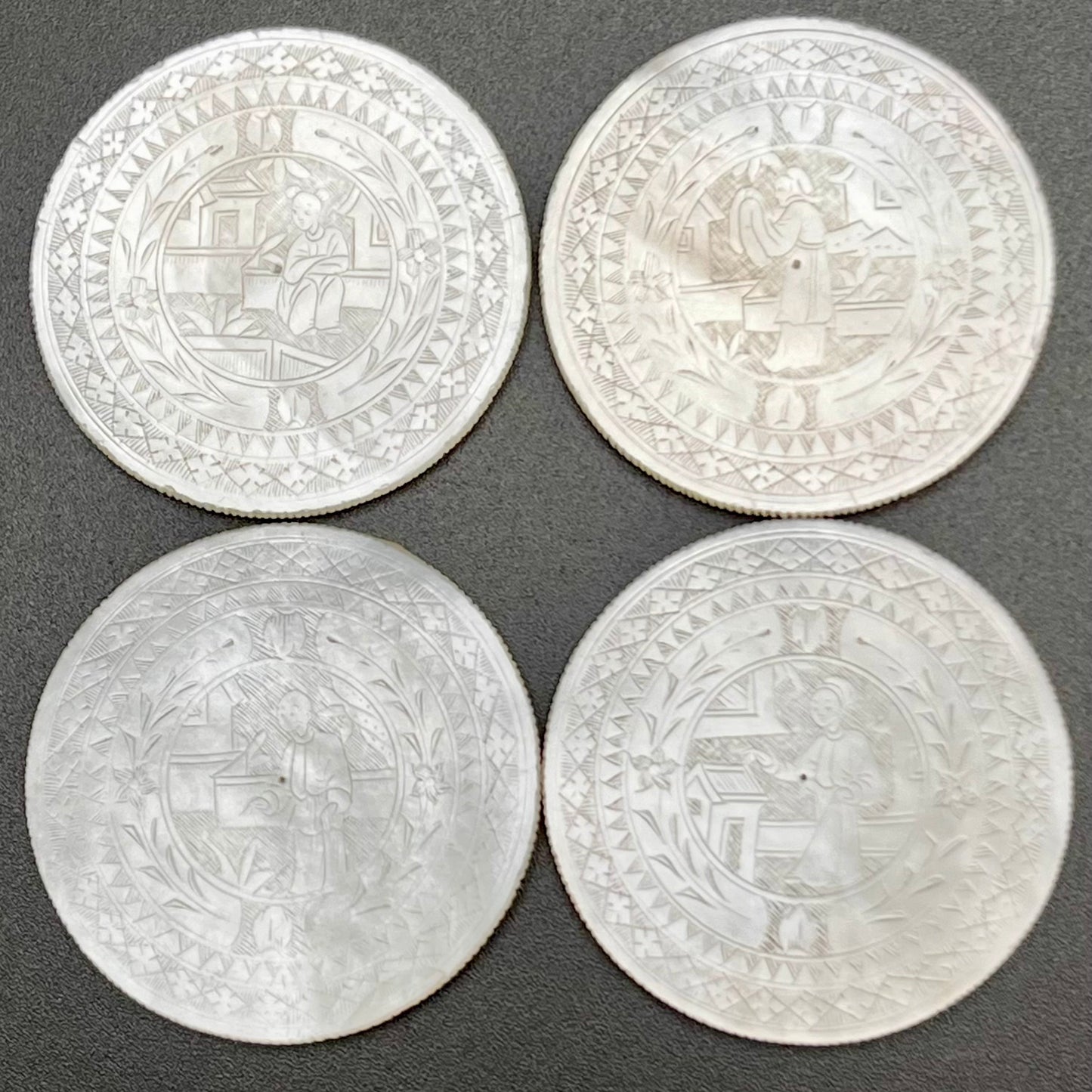 4 Antique 19thc Monogrammed Chinese Hand Carved Mother of Pearl Gaming Counter Tokens