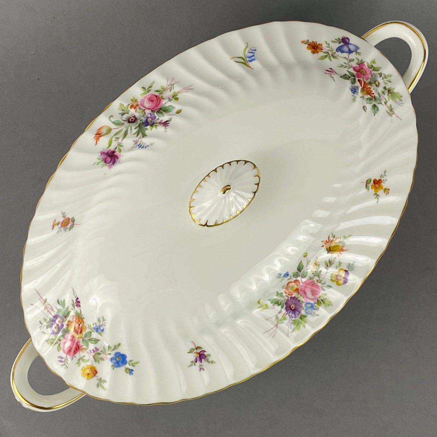 Minton Marlow Tureen Serving Bowl & Cover Gold Gilt 13 & 3/8" VGC Floral S-309