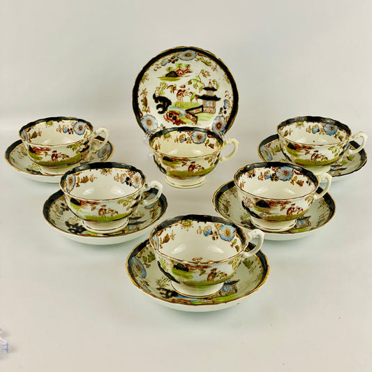 Antique Cup & Saucer 6 Person Set c1880 English Porcelain Chinoiserie 19thc