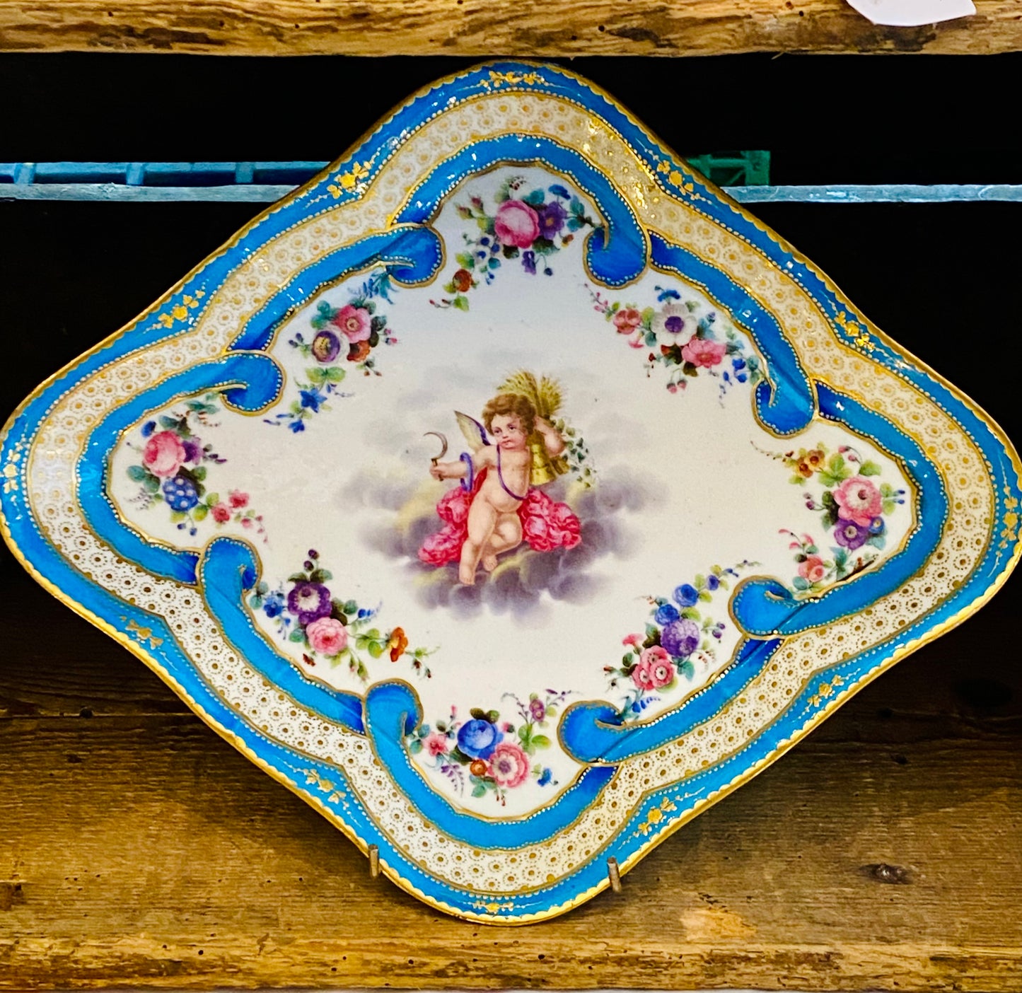 Antique French Sevres Porcelain Lozenge Cabinet Plate Cherub Gold Gilt