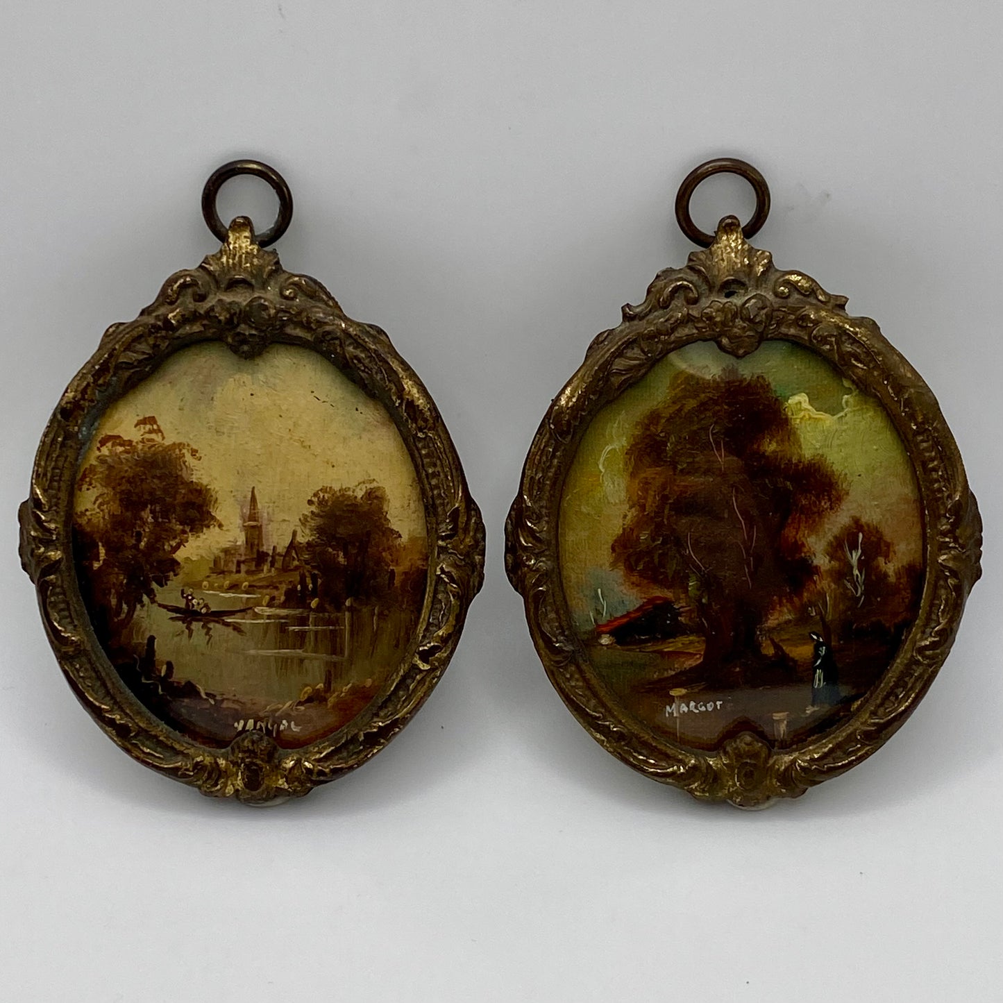 Antique Pair of 19th Century Brass Framed Miniature Oil Paintings