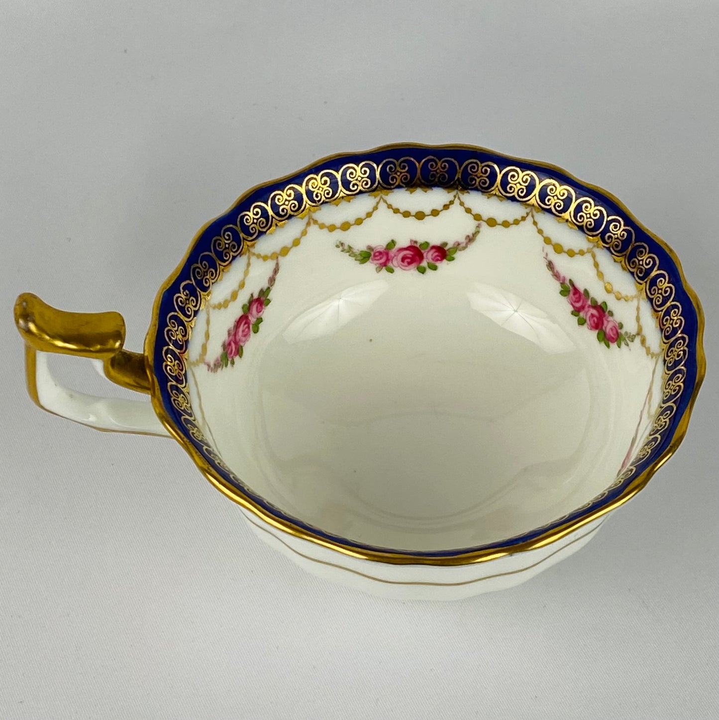 Antique Cauldon Tea Cup & Saucer Gold Gilt c1904 English Porcelain Rose Garland