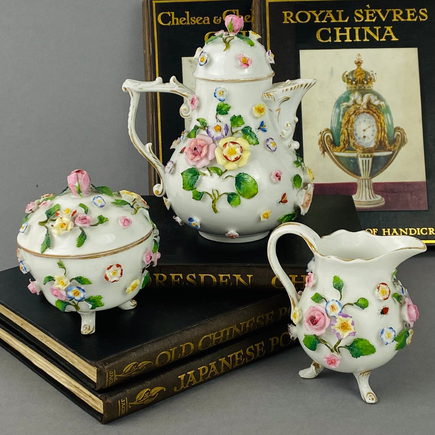 Antique Tea / Coffee Pot Set Meissen style Ernst Bohne Söhne Porcelain c1878+