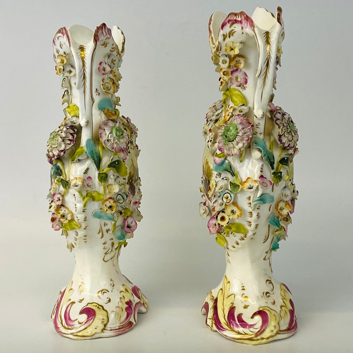Antique Pair c1840 Vases Coalbrookedale Coalport Floral Encrusted Porcelain VGC
