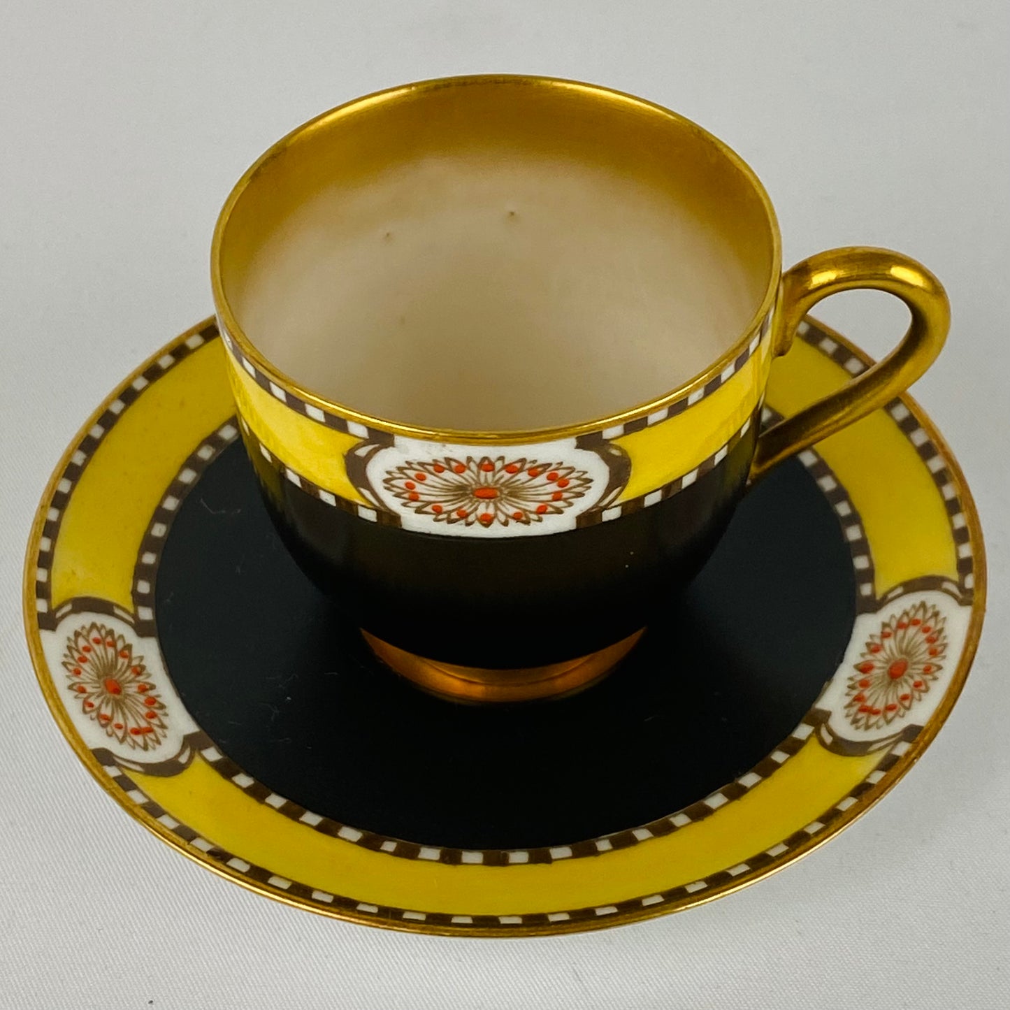 4 Antique Royal Worcester Cups & Saucers Jewelled Black Yellow #2583 Gold Gilt