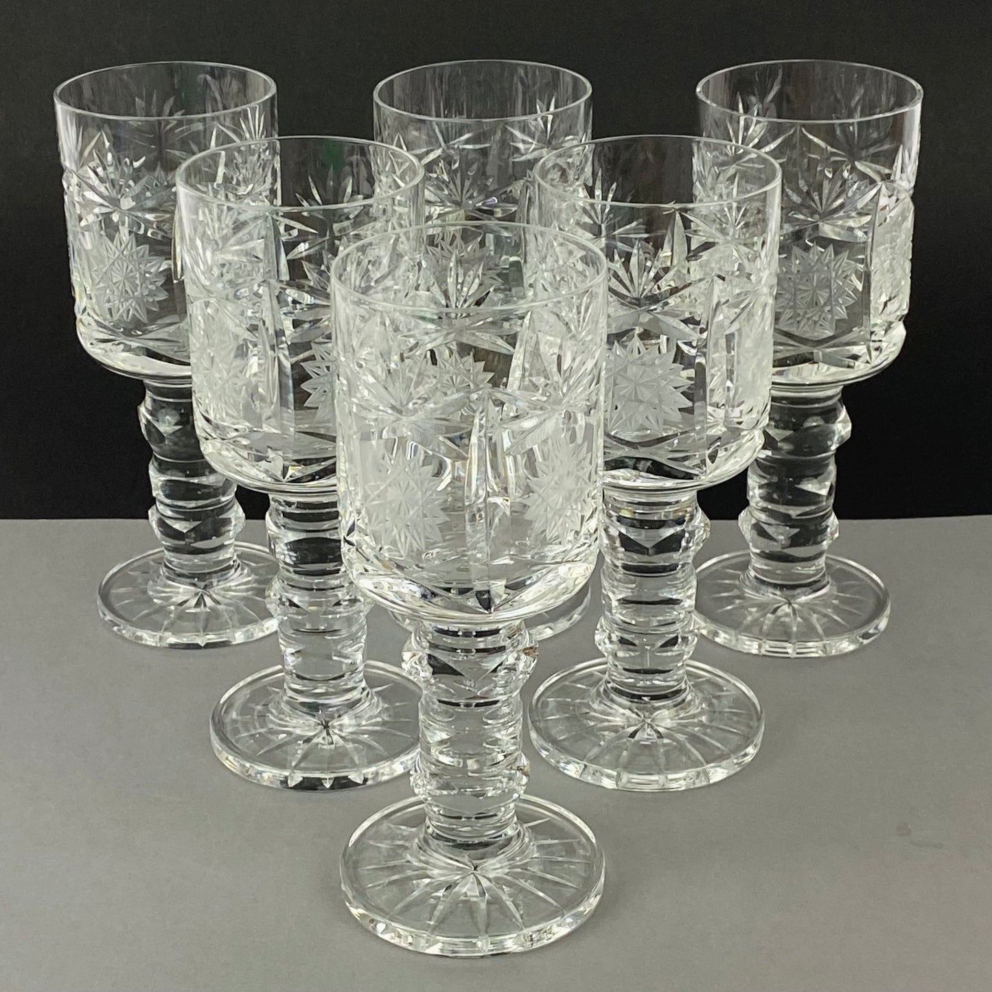 Six Chalice Glass Goblets Bohemian Cut Star & Fan Heavy VTG Hand Cut Crystal