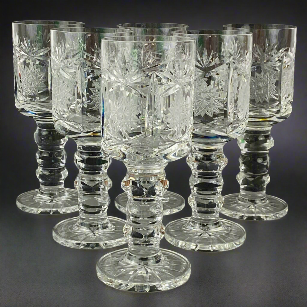 Six Chalice Glass Goblets Bohemian Cut Star & Fan Heavy VTG Hand Cut Crystal