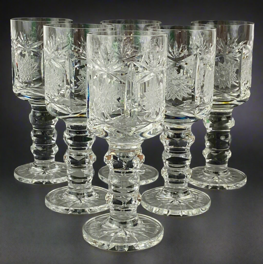 Six Chalice Glass Goblets Bohemian Cut Star & Fan Heavy VTG Hand Cut Crystal