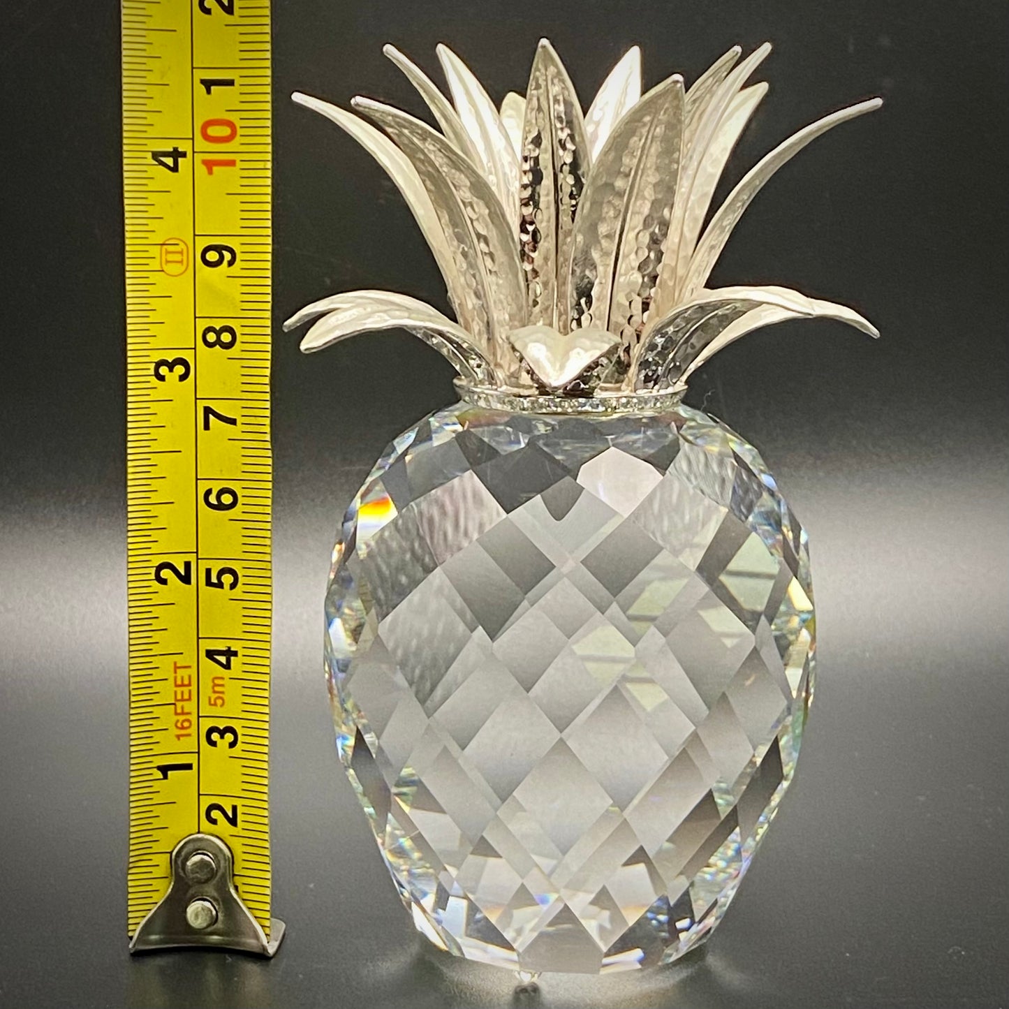 Swarovski Crystal Glass Pineapple Candle Holder Rhodium Hammered Leaves 7600132000 c1987