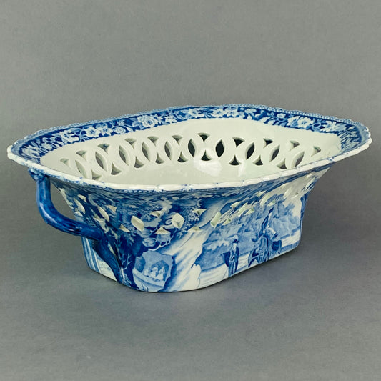 Clews Pottery Chestnut Basket c.1820 Blue & White Romantic Ruins / Donkey